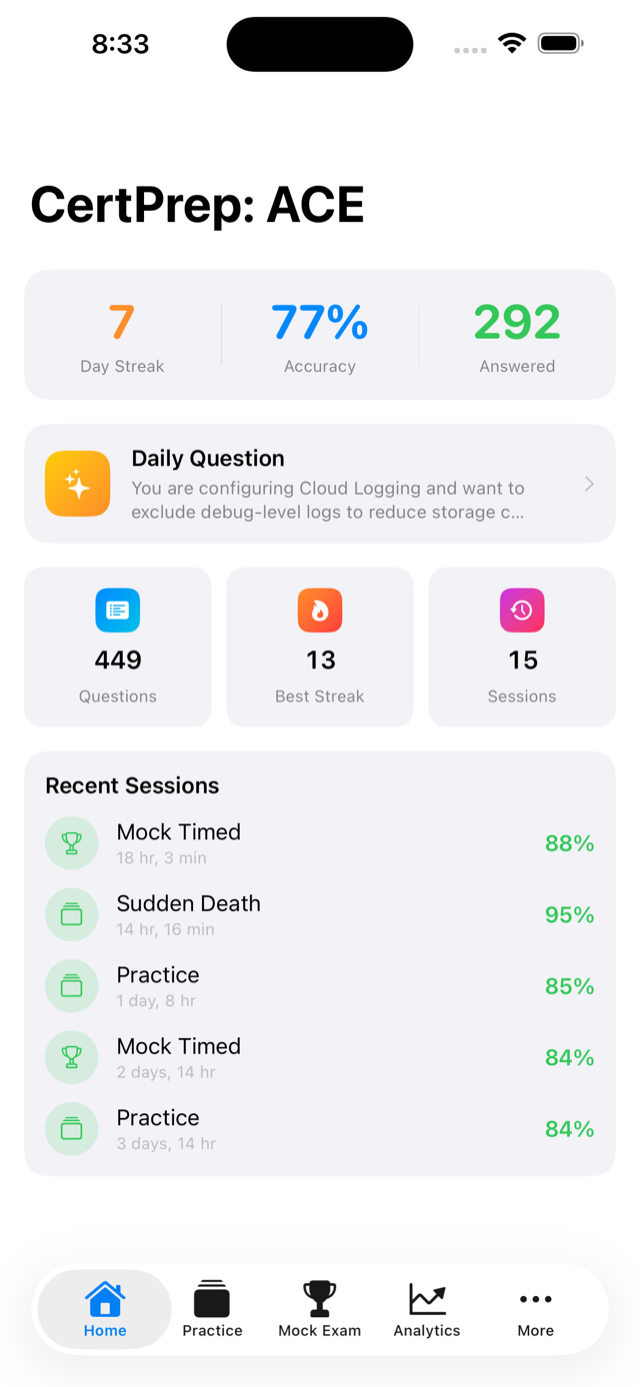CertPrep home screen showing study options