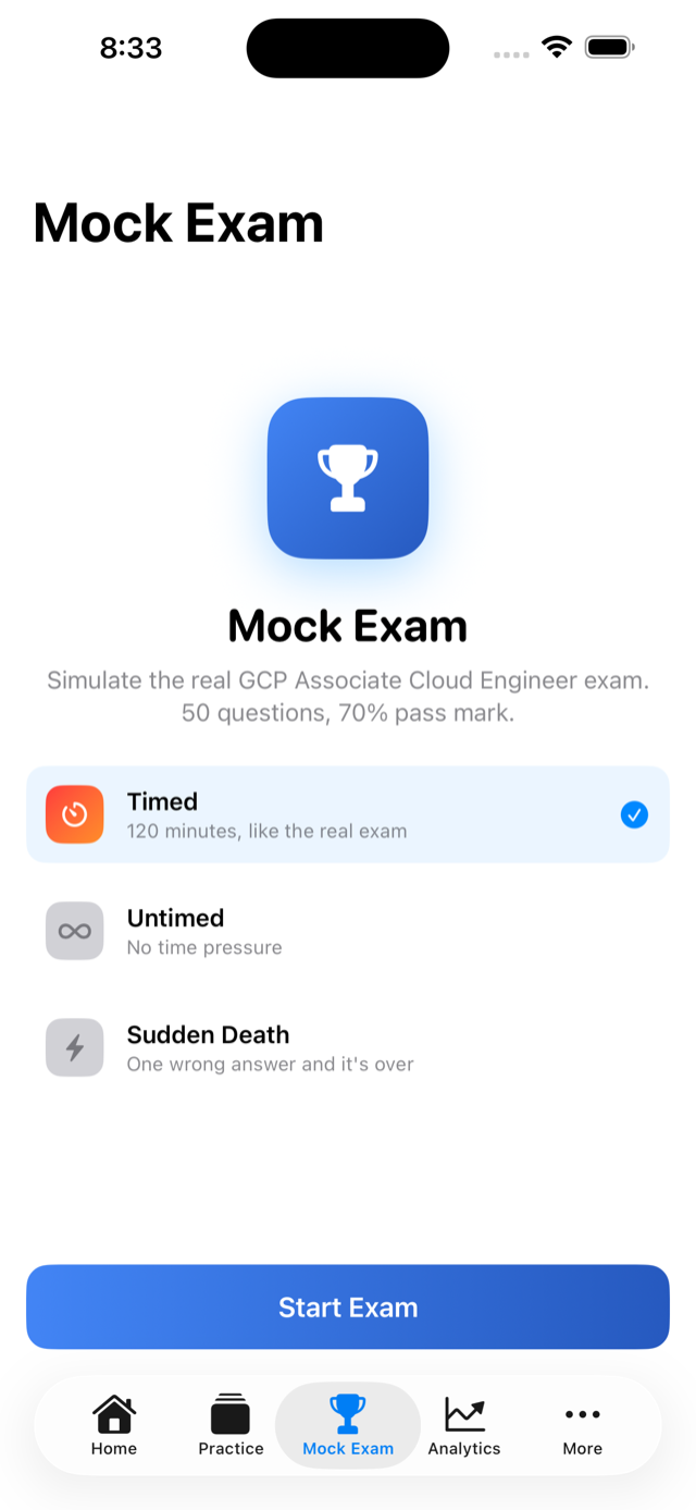 CertPrep mock exam screen with timed countdown